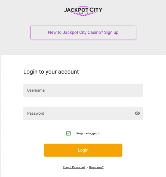 Schermata completa di accesso account Jackpot City