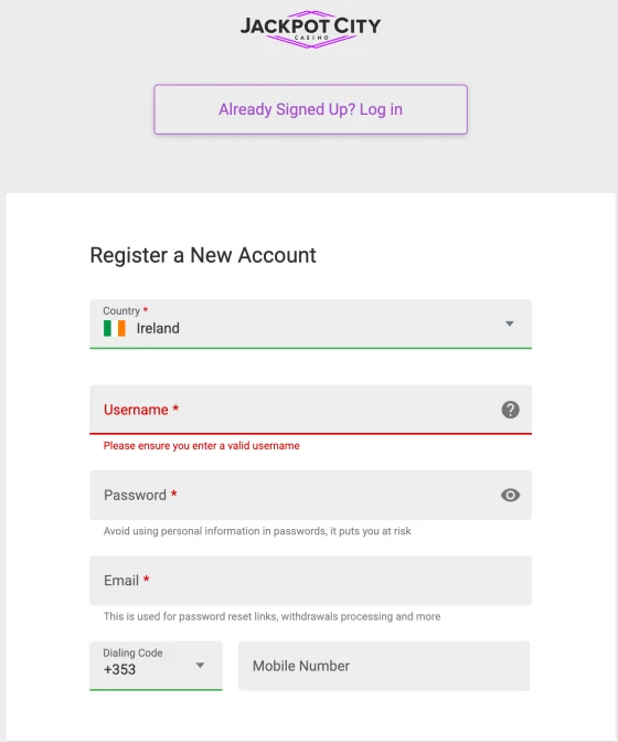 Schermata completa di registrazione account Jackpot City